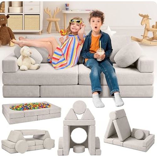 Lunix Modular Kids Play Couch, 14-Piece Sectional Sofa, Beige | Playroom furniture for building forts, slides & reading nooks — from toddlers to preteens