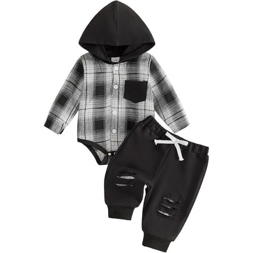 Douhoow Infant Baby Fall Clothes Boy Girl Plaid Hoodie Sweatshirt Romper Flannel Tops+ Sweatpants Festival Outfits