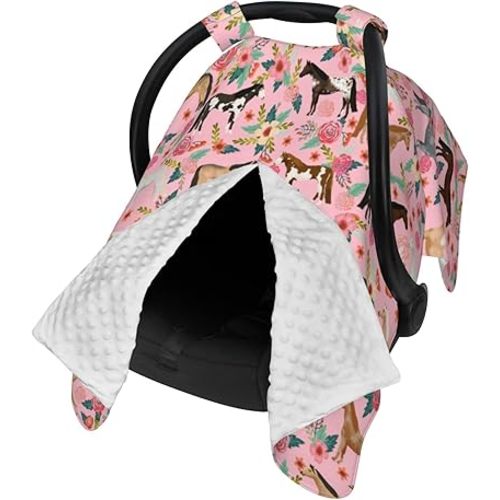 Cute Horse Flower Pink Car Seat Covers For Babies,Baby Car Seat Canopy Cover For Newborn Mom Multi Use Nursing Cover For Breastfeeding Baby Stuff For Newborn Infant Boys Girls Shower Gift