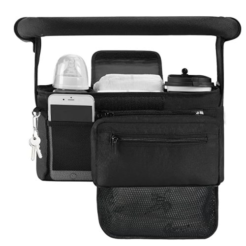 Momcozy Stroller Organizer, with 2 Non-Slip Stickers and 2 Large Capacity and Detachable Mesh Bags, Fits All Strollers Like Britax, Uppababy, Baby Jogger Stroller - Dark black