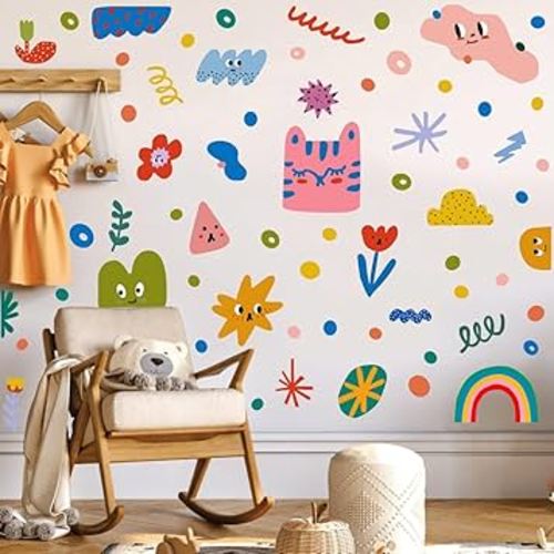 Colorful Abstract Shape Wall Stickers, Lovely Smile Clouds Rainbow Irregular Dots Vinyl Wall Decals, Removable Geometry Shape DIY Wall Art for Classroom Kindergarten Playroom Decor