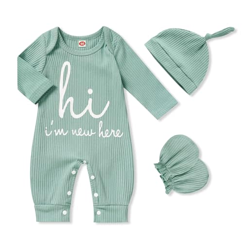 GRNSHTS Newborn Baby Boy Romper Coming Home Outfits Letter Print Bodysuit Jumpsuit+Hat+Gloves 3PCS Clothes Set