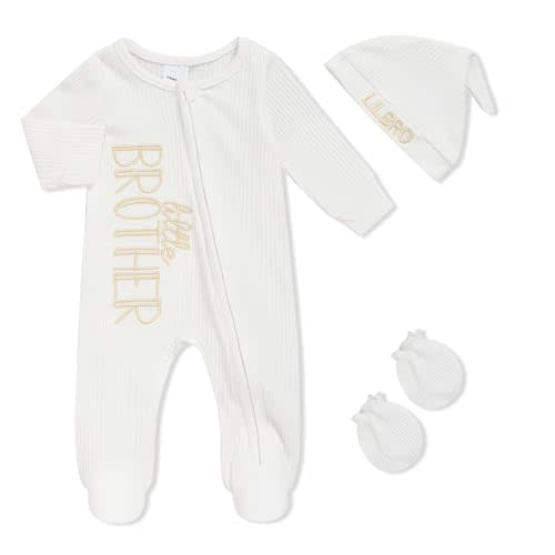 TITKKOP Newborn Baby Boy Outfits Zippered Romper Letter Embroidered Coming Home Jumpsuit with Hat Mittens