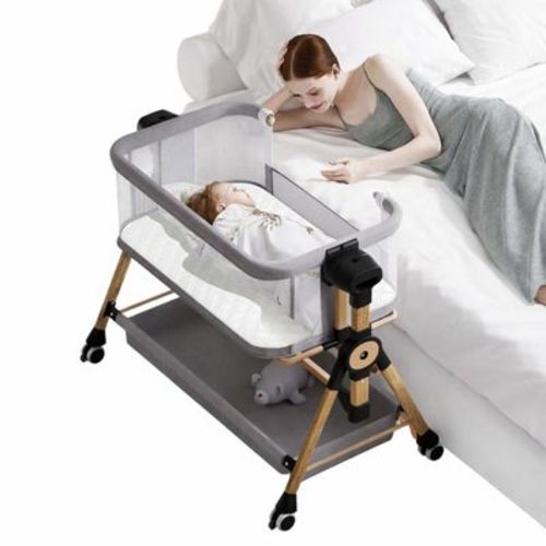 Etokfoks 3 in 1 Baby Bassinet Bedside Sleeper with Lockable Wheels Rocking Crib Adjustable 6 Heights Mesh Sides Mattress for Newborn 1 Piece