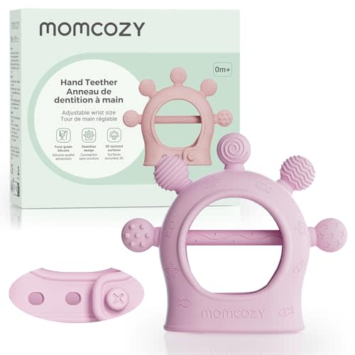 Momcozy Baby Teether Toys | Silicone Teether for 0-12 Months | Pink | |Baby Teething Relief |Adjustable Teething Mitten
