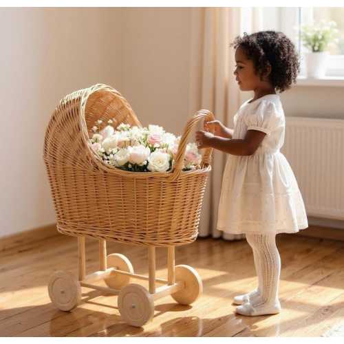 Natural wicker baby carriage with wheels, Wicker baby stroller, Baby doll stroller, Wicker doll pram, Wicker toy basket, Wicker toddler gift