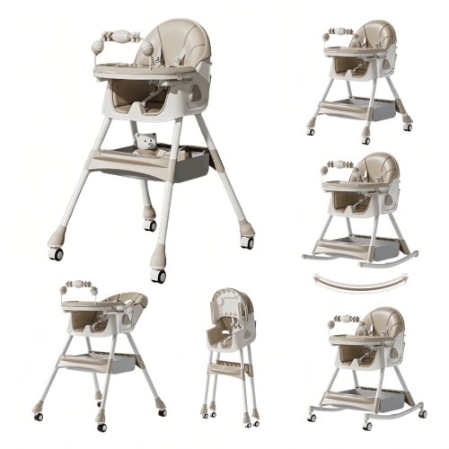6 in 1 Baby High Chair & Rocking Chair with Locked Wheel for 6 Months to 12 Years,Convertible Baby scooter & Feeding Chair,Khaki