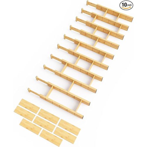 SpaceAid Bamboo Drawer Dividers with Inserts and Labels, Kitchen Adjustable Drawer Organizers, Expandable Organization for Home, Office, Dressers, 10 Dividers with 24 Inserts (17"-22" Natural)