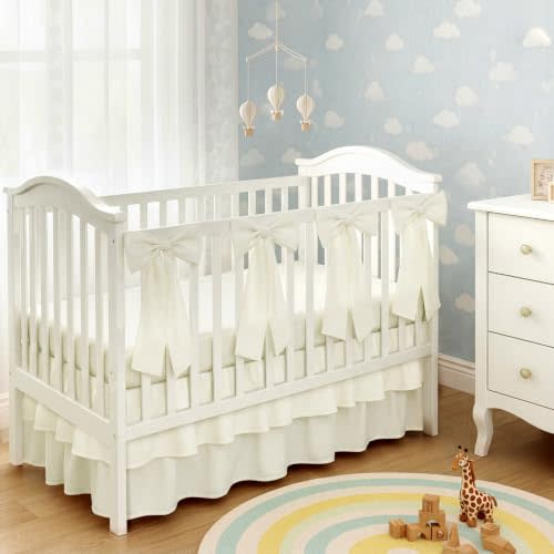 SmoothNovelty Beige Crib Bed Skirts with 4 Large Cot Bow 28" x 52" Baby Crib Skirt for Boys Girls Nursery Toddler Bed Skirt Dust Ruffle 14" Drop (Double Layer)