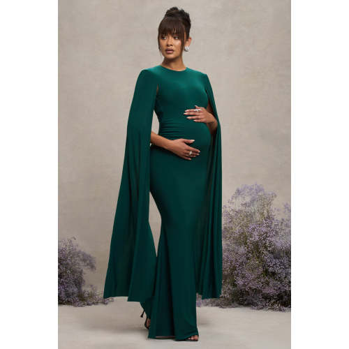 Divine Timing | Bottle Green Maternity Maxi Dress With Cape Sleeves