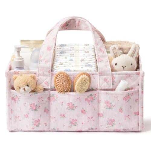 Corduroy Baby Diaper Caddy Organizer with Handles, Nursery Storage Basket | Portable Diaper Bag Car Caddy Organizer for Wipes, Girl Newborn Essentials Baby Shower Gifts Basket Registry Search Must Have