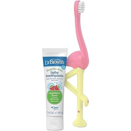 Dr. Brown's Baby and Toddler Toothbrush Set, Flamingo with Strawberry Flavor Toothpaste
