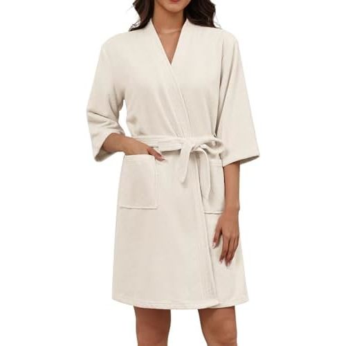 Ekouaer Women Terry Cloth Robes Absorbent Towel Robe Knee Length Soft Bathrobe 3/4 Sleeve Spa Robe with Pockets S-2XL