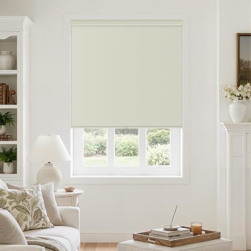 Blackout Roller Shades for Bedroom Window Cordless Free-Stop Blinds with Valance UV Protection 100% Black Out Linen Shades Blinds for Indoor Bathroom Windows Living Room Cream Ivory 35.5" W x 72" H