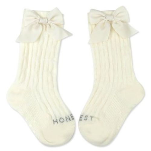 Cable Knit Knee Sock with Bow Ivory 0-6m