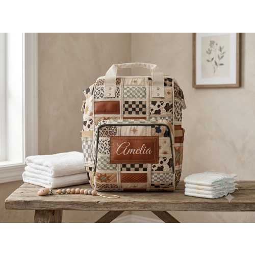 Patchwork Print Faux Quilt Personalized Diaper Backpack, Checkered Diaper Bag, Animal Print Baby Shower Gift Aesthetic Boho Western Mom Tote