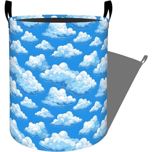 Fluffy Blue Clouds on Bright Sky Laundry Basket, Dorm Nursery Foldable Laundry Hamper Organizer for Bathroom Decor, Toy Clothes Storage Box for Bedroom 19.7x15.7 Inch