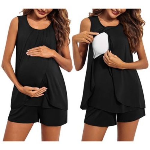 Ekouaer Women Maternity Nursing Pajama Set Breastfeeding Sleepwear Double Layer Sleeveless Top & Shorts Pregnancy PJS A01 black L