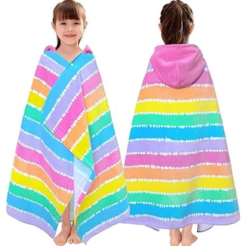 VOOVA & MOVAS Hooded Beach Towel for Girls & Kids (3-8 Years) | 30"x50" Soft Absorbent 100% Cotton Towel Wrap | Perfect for Toddler Beach, Pool, Bath, Swimming | Striped Color Design