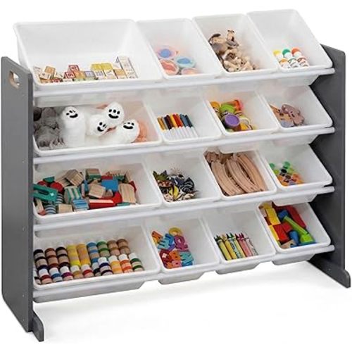 Humble Crew Toy Storage Organizer with 16 Removable Storage Bins for Kids Playroom, 4-Tier Toddler Toy Organization and Storage, Dark Grey/White