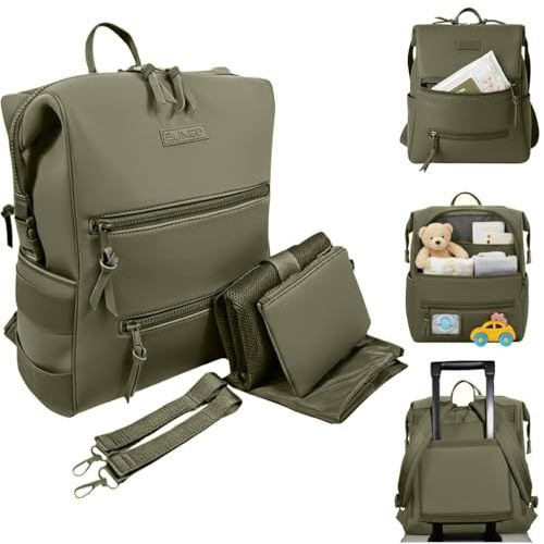 BUNSO Baby Neoprene Diaper Bag, Minimalist Backpack Diaper Bag with Pouch, Changing Pad, and Stroller Straps, Water Resistant and Lightweight Dad Diaper Bag, Diaper Bag Backpack - Olive