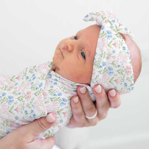 BABY GIRL NAME Swaddle Set,  Grandmillenial Nursery, Pink and Blue Floral ,Personalized Toddler Girl Blanket, Granny Chic Nursery Decor