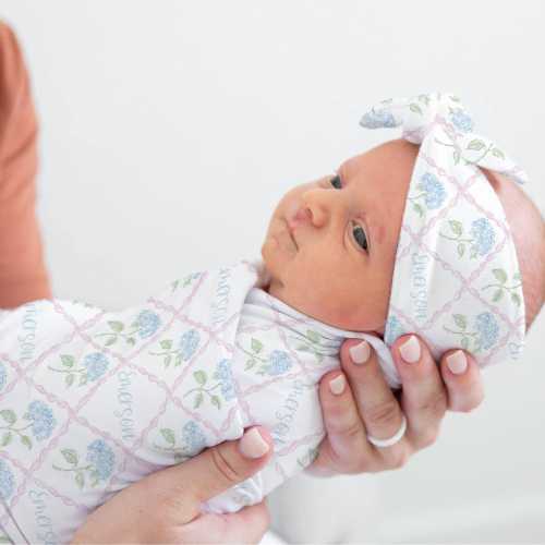 BABY GIRL NAME Swaddle Set,Grandmillenial Nursery,Blue Hydrangea and Pink Ribbon,Personalized Toddler Girl Blanket,Granny Chic Nursery Decor