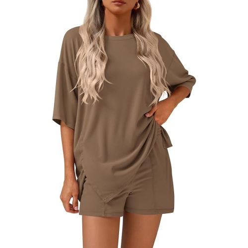 KIRUNDO Lounge Set for Women 2 Piece Outfits Summer Casual Oversized Shirts Shorts Matching Airport Travel Outfits Maternity