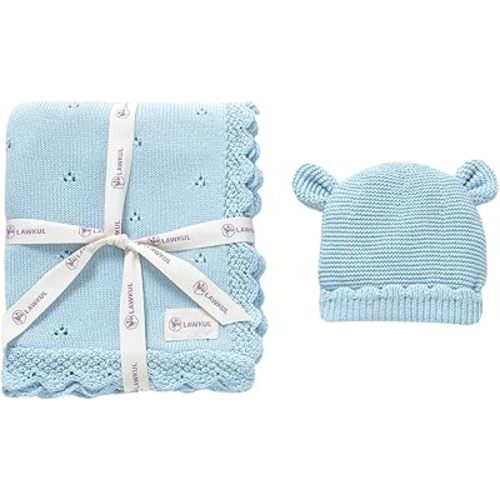 LAWKUL Baby Blanket & Beanie Hat Set 100% Organic Cotton Newborn Swaddle Beanie Soft Cozy for Infants Boy Girl Gift Blue