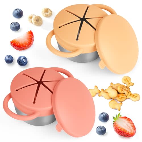 Daximo 2 Pack Snack Cups for Toddlers Spill Proof - Detachable Stainless Steel Toddler Snack Cups with Silicone Lids & Handles - Dishwasher Safe Baby Snack Containers (Orange and Yellow)