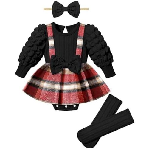 Queenstyle Baby Girl Clothes Dress Fall Winter Outfits Set Puff Sleeve Plaid Romper with Headband Stockings