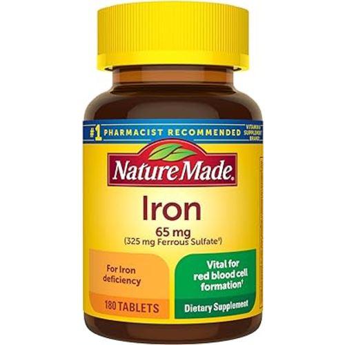 Nature Made Iron 65 mg (325 mg Ferrous Sulfate) Tablets, Dietary Supplement for Red Blood Cell Support, 180 Tablets, 180 Day Supply