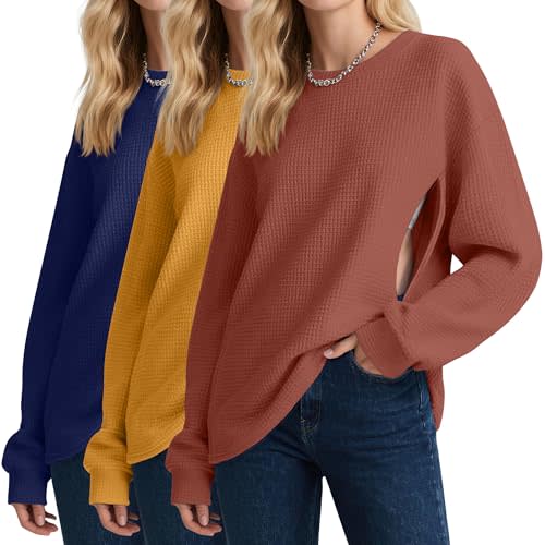 Oakgarden 3 Pack Women's Oversized Nursing Tops, Waffle Knit Breastfeeding Zipper Sweatshirt Long Sleeve Maternity Shirts