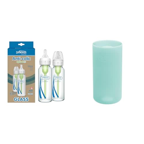 Dr. Brown's Natural Flow Anti-Colic Options+ Narrow Glass Baby Bottle 8 oz/250 mL 2 Pack with Level 1 Slow Flow Nipple and Silicone Sleeves for Glass Bottles, Mint