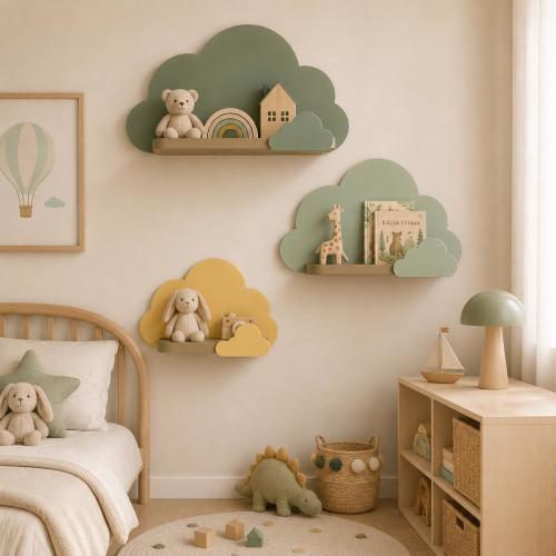 Handcrafted Cloud Shelves Set, Scandinavian Nursery Wall Decor, Wooden Kids Room Shelving