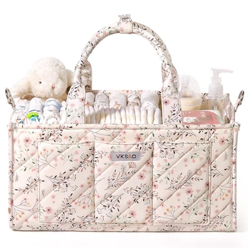 Baby Essentials Cute Floral Diaper Caddy Organizer – Portable Storage Basket with Shoulder Strap & Stroller Hooks, Splashproof Quilted Nursery & Car Tote for Baby Shower, Beige Floral