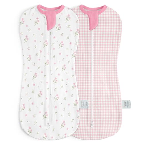 Baby Swaddle 0-2 Months, Cotton Arm-In Zipper Sleep Sack, Wearable Blankets Wrap for Newborn Infant Girls (Floral, Checkered, Pack of 2)