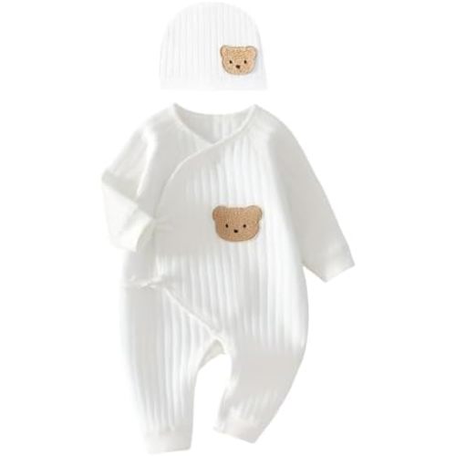 Newborn Baby Onesie with Hat,100% Cotton Cute Bear Long Sleeve Baby Grows Bodysuit, Soft Infant Newborn Boy's Girl's Clothes