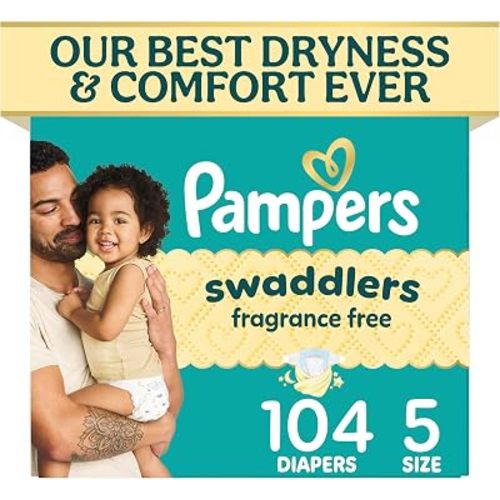 Pampers Swaddlers Diapers, Size 5 (20-37 lbs), 104 Count, Fragrance Free, Hypoallergenic, Absorbent, Pediatrician Recommended, Skin Safe