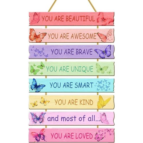 Rutiyoka Butterfly Room Decor for Girls Bedroom Wall Rainbow Inspirational Art Kids Wood Decorations Little Girl Nursery Toddler Sign