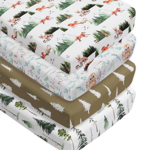 4 Pack Woodland Forest Animals Wood Neutral Unisex Fitted Baby Crib Sheets Set for Baby Boys or Girls (Paint Fox, 52 * 28)