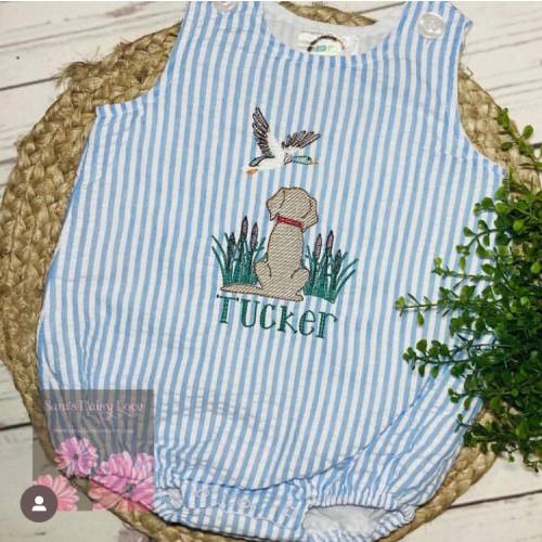Personalized Puppy Duck Embroidered Seersucker Bubble, Hunting Dog Outfit