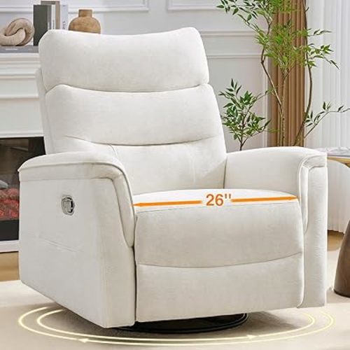 Oversized Swivel Recliner Chair, 26'' Extra Wide Nursery Rocking Recliner, Manual Swivel Recliner for Nursery, Reclining Rocking Chair for Living Room, Cream White