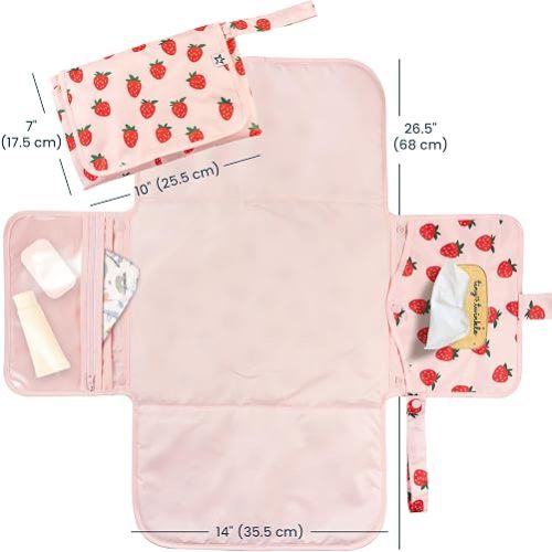 Tiny Twinkle Portable Diaper Changing Pad | Waterproof, Wipeable & Compact Baby Changing Pad for Travel | Smart Wipes Pocket & Organized Storage| Newborn Shower Gift (Strawberries)