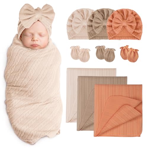 AQOKKA Newborn Receiving Blanket with Bow Hat Mittens Set Wheat-Pattern Newborns Toddler Baby Boy Girl Nursery Swaddle Wrap