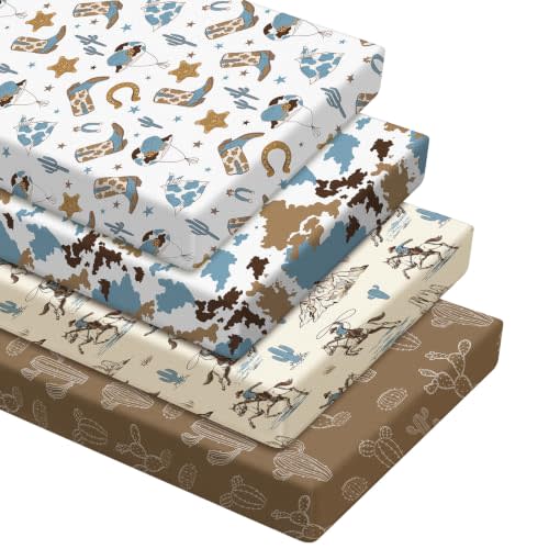 Vitalcozy 4 Pcs Blue Western Crib Sheet for Standard Nursery Decor | Fits 52x28x8 Inch Mattresses, Nursery Bedding Newborns Toddlers, Elastic Corners, Perfect Baby Shower Gifts Girls Boys