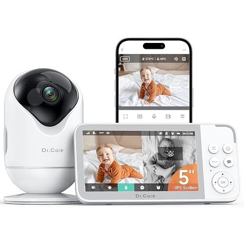 Dr.Care VistaView Smart Moniteur de bébé WiFi – Écran divisé 1080p de 5 pouces et contrôle par application de caméra 2K, alertes de pleurs et de mouvement, vision nocturne HD, batterie 5000 mAh