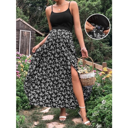 SHEIN Maternity Solid Cami Top & Ditsy Floral Print Adjustable Waist Split Thigh Skirt