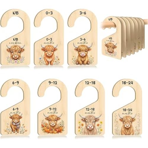 7 PCS Highland Cow Closet Dividers, Wooden Nursery Wardrobe Separators with Double-Sided Size Labels for Newborn to 24 Months, Farmhouse Baby Room Decor