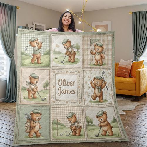 Personalized Quilt Blanket: Golf Teddy Bear Throw, Name Custom
